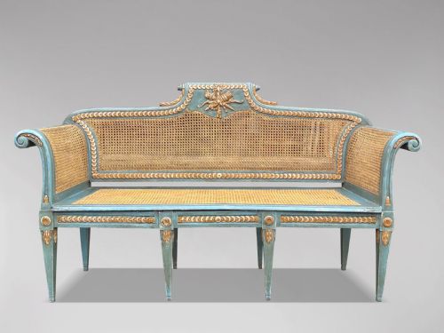 19TH CENTURY LOUIS XVI PAINTED CANED BERGRE SOFA C1880