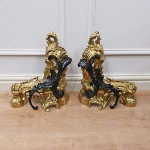 FRENCH BRONZE GILT ROCOCO STYLE CHENETS
