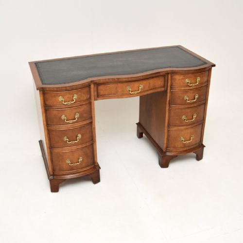 ANTIQUE BURR WALNUT LEATHER TOP PEDESTAL DESK
