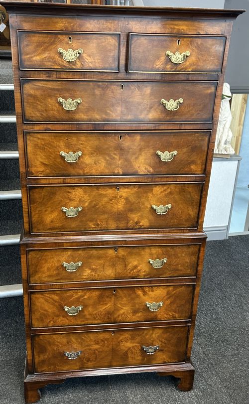 GEORGIAN STYLE WALNUT AND MAHOGANY CHEST ON CHEST