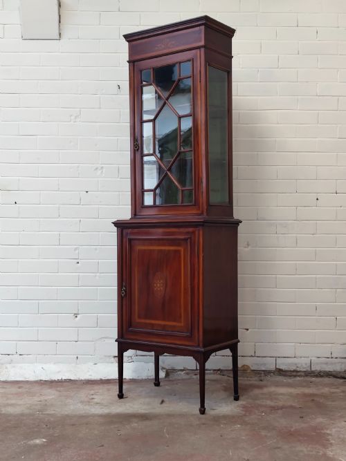 ANTIQUE EDWARDIAN SOLID MAHOGANY ASTRAGAL GLAZED INLAID DISPLAY CABINET