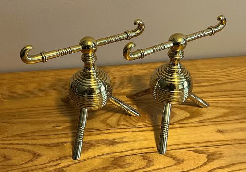 ANTIQUE CHRISTOPHER DRESSER BRASS FIRE DOGS ANDIRONS BENHAM FROUD