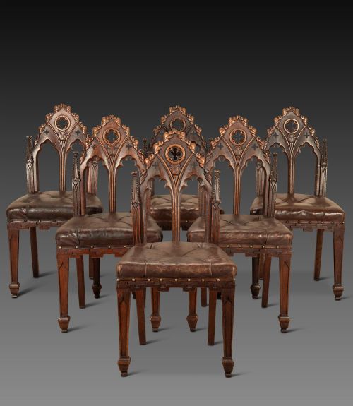 SET OF SIX 19TH CENTURY GOTHIC OAK SIDE CHAIRS