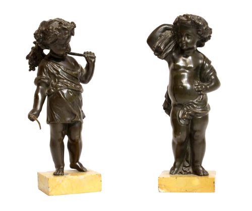 A PAIR OF VICTORIAN BRONZE AND SIENNA MARBLE HARVEST PUTTI SCULPTURES