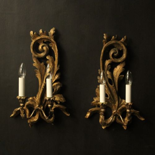 ITALIAN GILTWOOD TWIN ARM ANTIQUE WALL LIGHTS