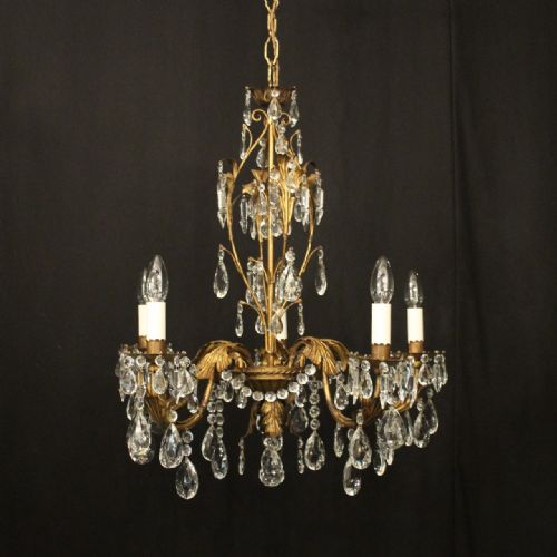 FRENCH TOLEWARE CRYSTAL 5 LIGHT CHANDELIER
