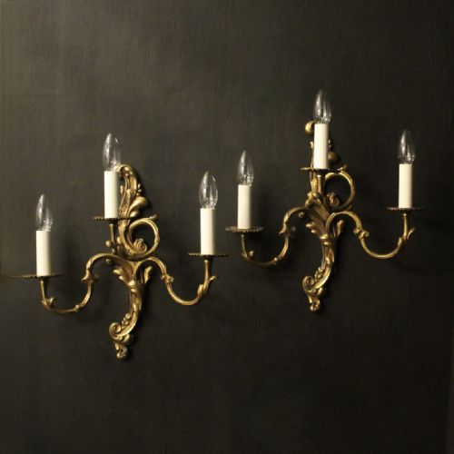 FRENCH PAIR OF GILDED BRASS TRIPLE ARM ANTIQUE WALL LIGHTS