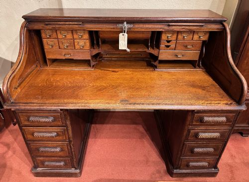 AMERICAN ROLLTOP TAMBOUR OAK PEDESTAL DESK 18881900