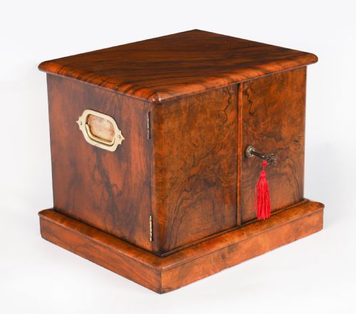 ANTIQUE VICTORIAN BURR WALNUT CIGAR HUMIDOR COLLECTORS CABINET C1870 19TH C