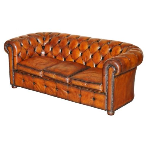 1930 HAND DYED RESTORED WHISKEY BROWN LEATHER CHESTERFIELD TUFTED CLUB SOFA