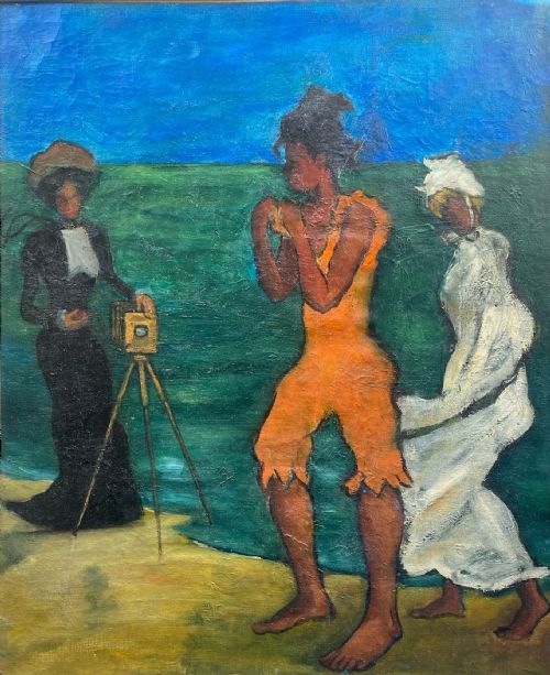 AT THE SEASIDE CA 1920 THE BOXER THE PHOTOGRAPHER AND THE LADY IN WHITE FAUVE OIL ON CANVAS