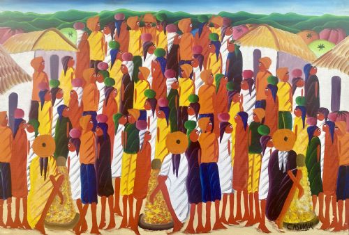 MARKET SCENE CA 1960 HAITIAN MASTER LAURENT CASIMIR BOLD AND COLOURFUL NAIVE OUTSIDER OIL ON CANVAS
