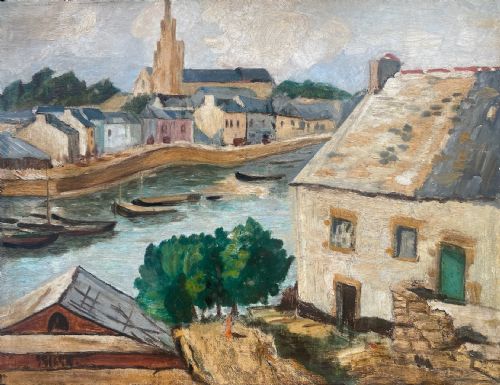 A FISHING PORT IN BRITTANY CA 1930 FRENCH POST IMPRESSIONIST OIL ON CANVAS