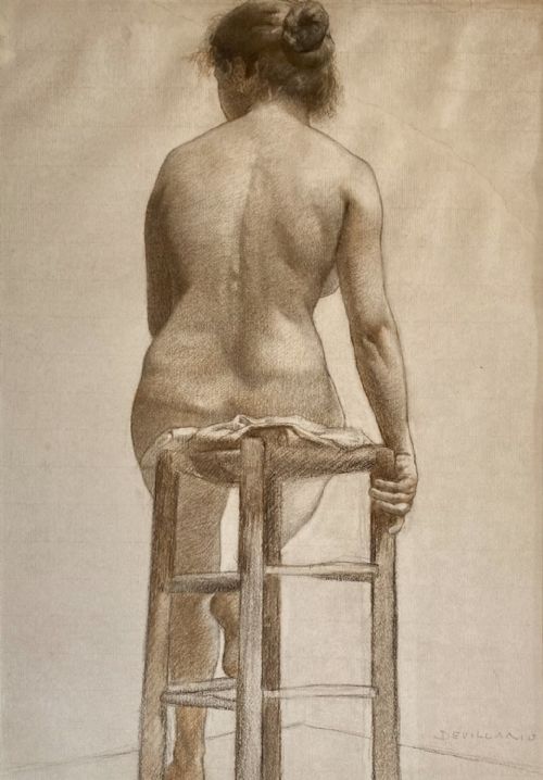 THE ARTIST'S MODEL CA 1898 SEATED NUDE CHARCOAL AND RED CHALK MASTER DRAWING