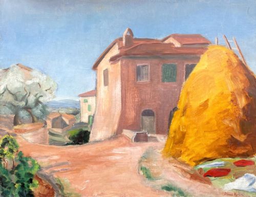 THE FARMHOUSE IN PROVENCE LAUNDRY BY THE HAYSTACK CA 1935 FRENCH WOMAN ARTIST OIL ON CANVAS