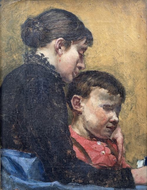 LEARNING TO READ CA 1890 MOTHER AND SON IMPRESSIONIST OIL ON CANVAS