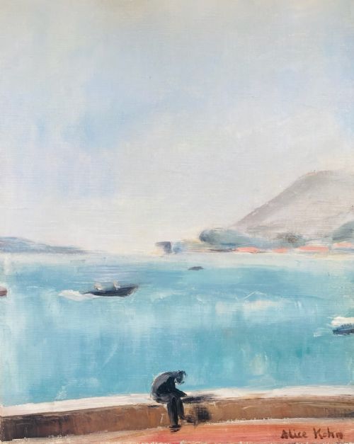 READING ON THE SEAFRONT A PORT IN THE SOUTH OF FRANCE A STUDY OF LIGHT CA 1930 FRENCH WOMAN ARTIST OIL ON CANVAS