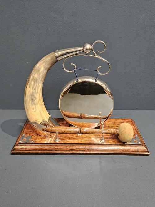 VICTORIAN SILVER PLATED AND COW HORN DINNER GONG