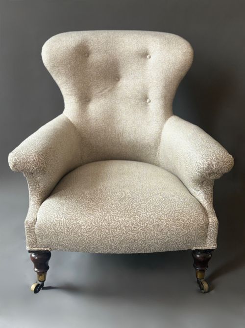 19TH CENTURY HOLLAND AND SONS ARMCHAIR WITH ORIGINAL COPE COLLINSON CASTORS AND SOANE FABRIC