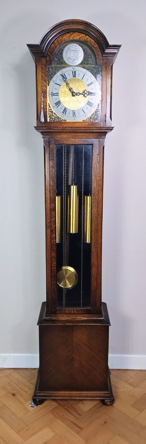 ENGLISH QUARTER CHIMING OAK GRANDFATHER LONGCASE BY ENFIELD