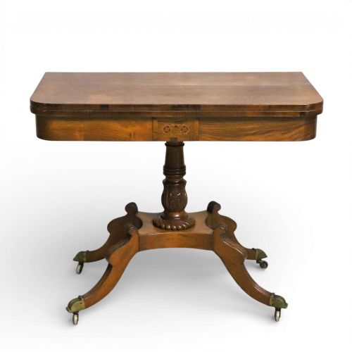 REGENCY ROSEWOOD TEA TABLE WITH FOLDOVER TOP AND ORIGINAL BRASS CASTORS