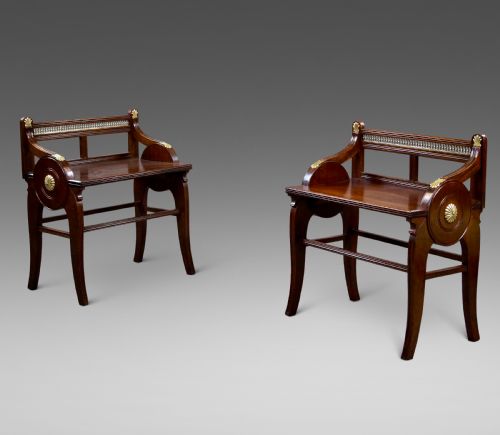 AN EXCELLENT PAIR OF MAHOGANY JAS SHOOLBRED BENCHES